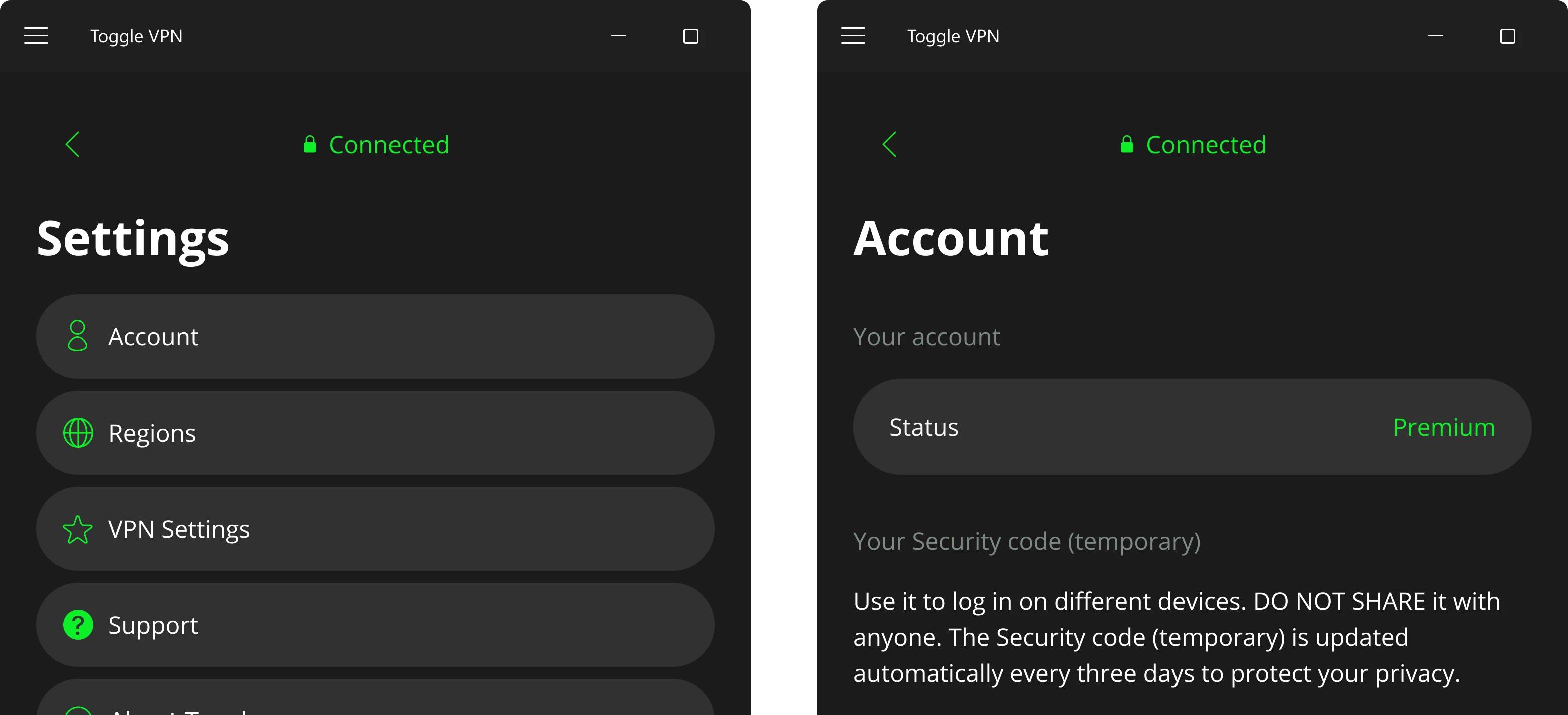 intuitive vpn settings and control elements